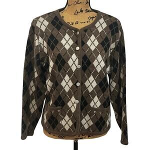 VTG 90s Tally-Ho Black Brown Acrylic Argyle Button Cardigan Sweater Women’s M